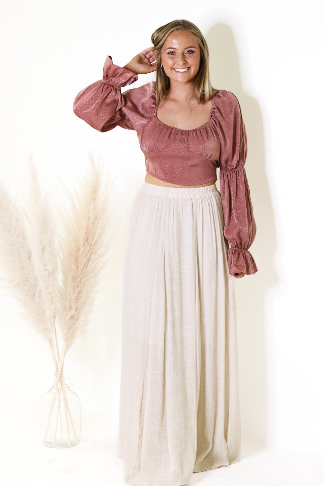 Mauve Polka Dot Balloon Sleeve Top