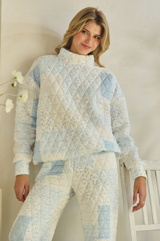 Quilted Floral Mock Neck in Pastel Blue