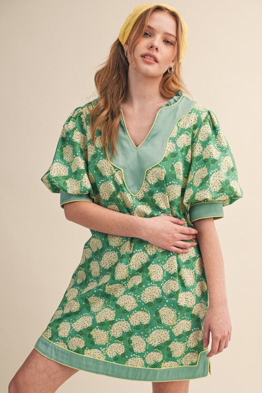 Kelly Green Hydrangea V-Neck Puff Sleeve Dress