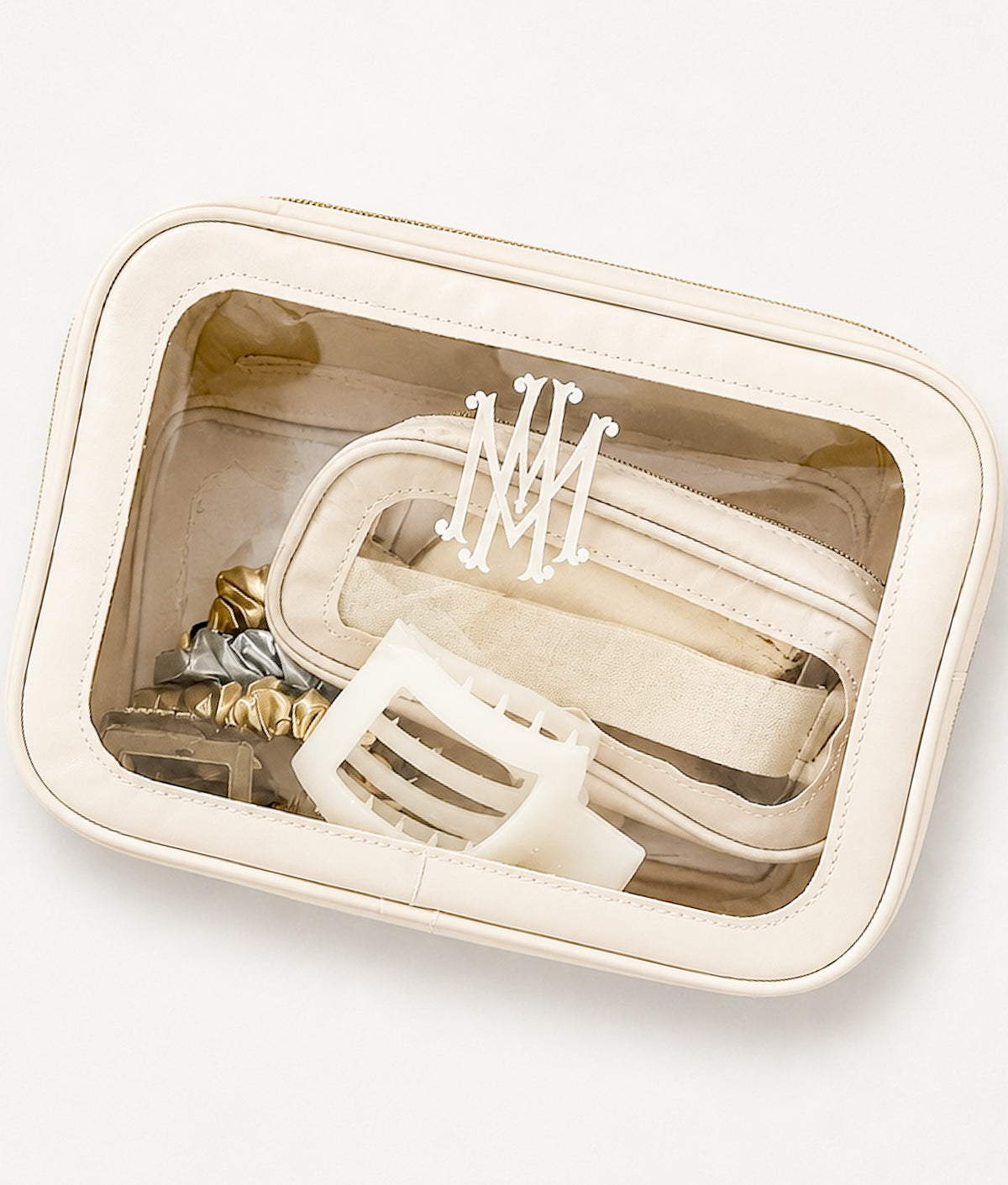Beige Clear Zipper Pouch with Monogram