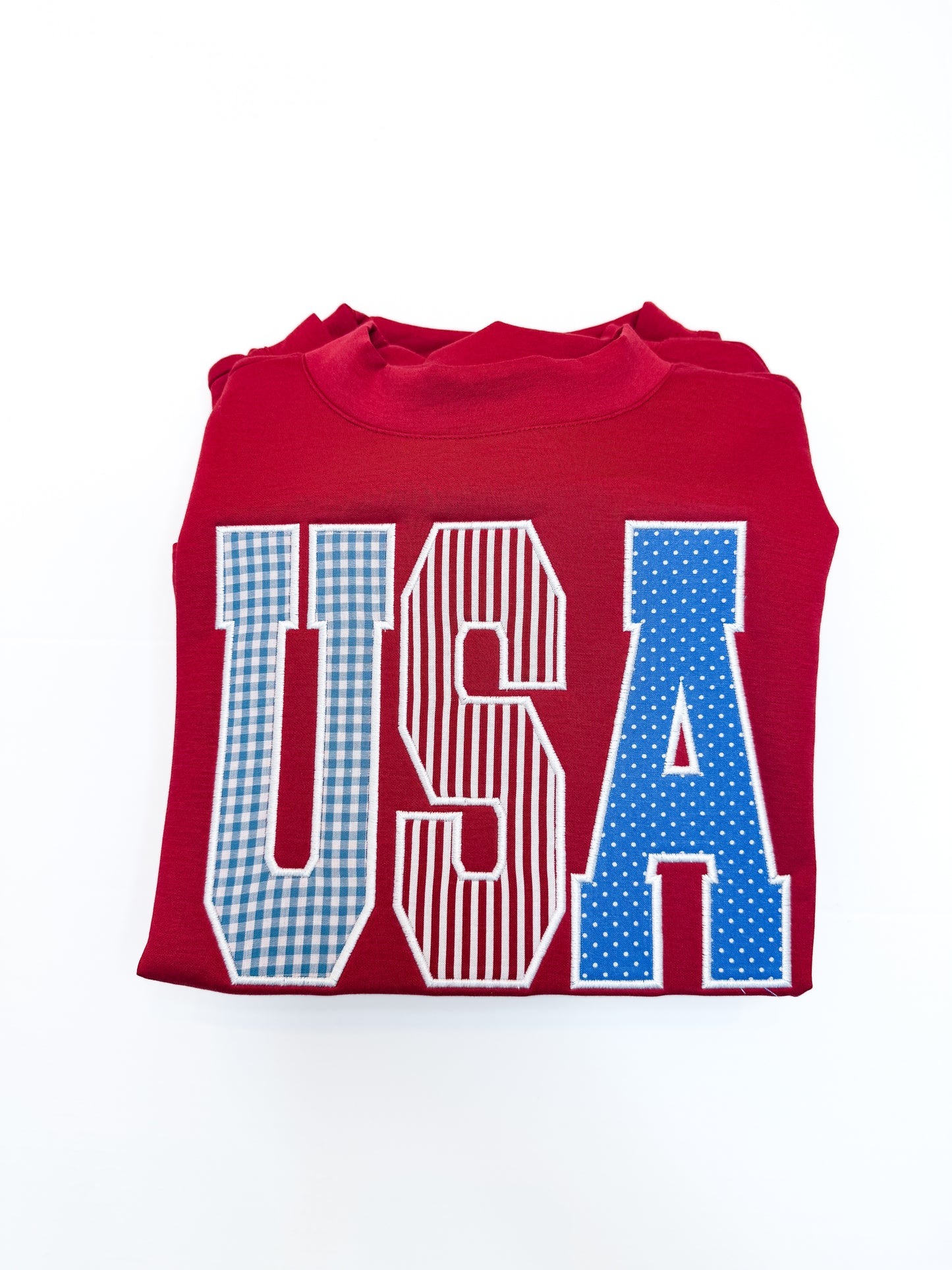 USA Applique Short Sleeve Mock Neck Red Top