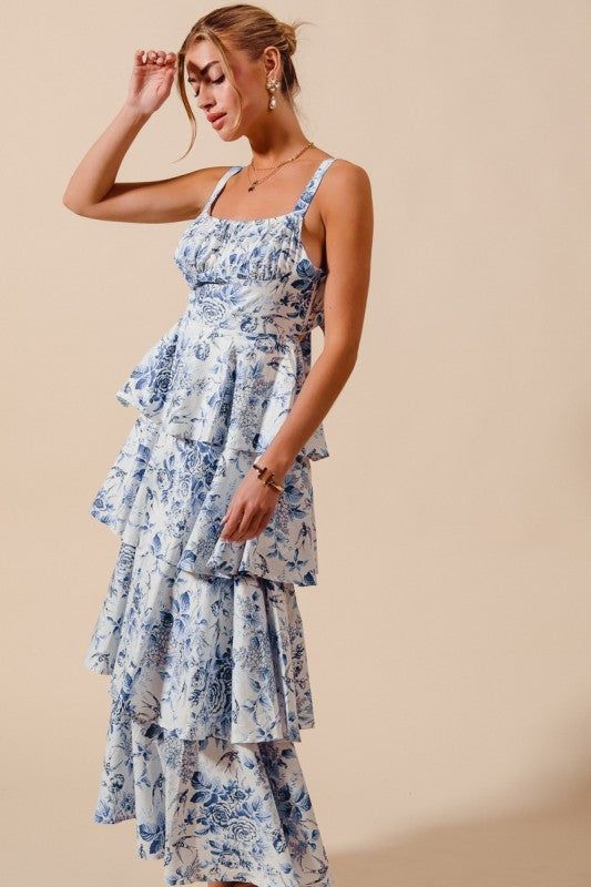 Blue Chinoiserie Ruffle Maxi Tied with a Bow