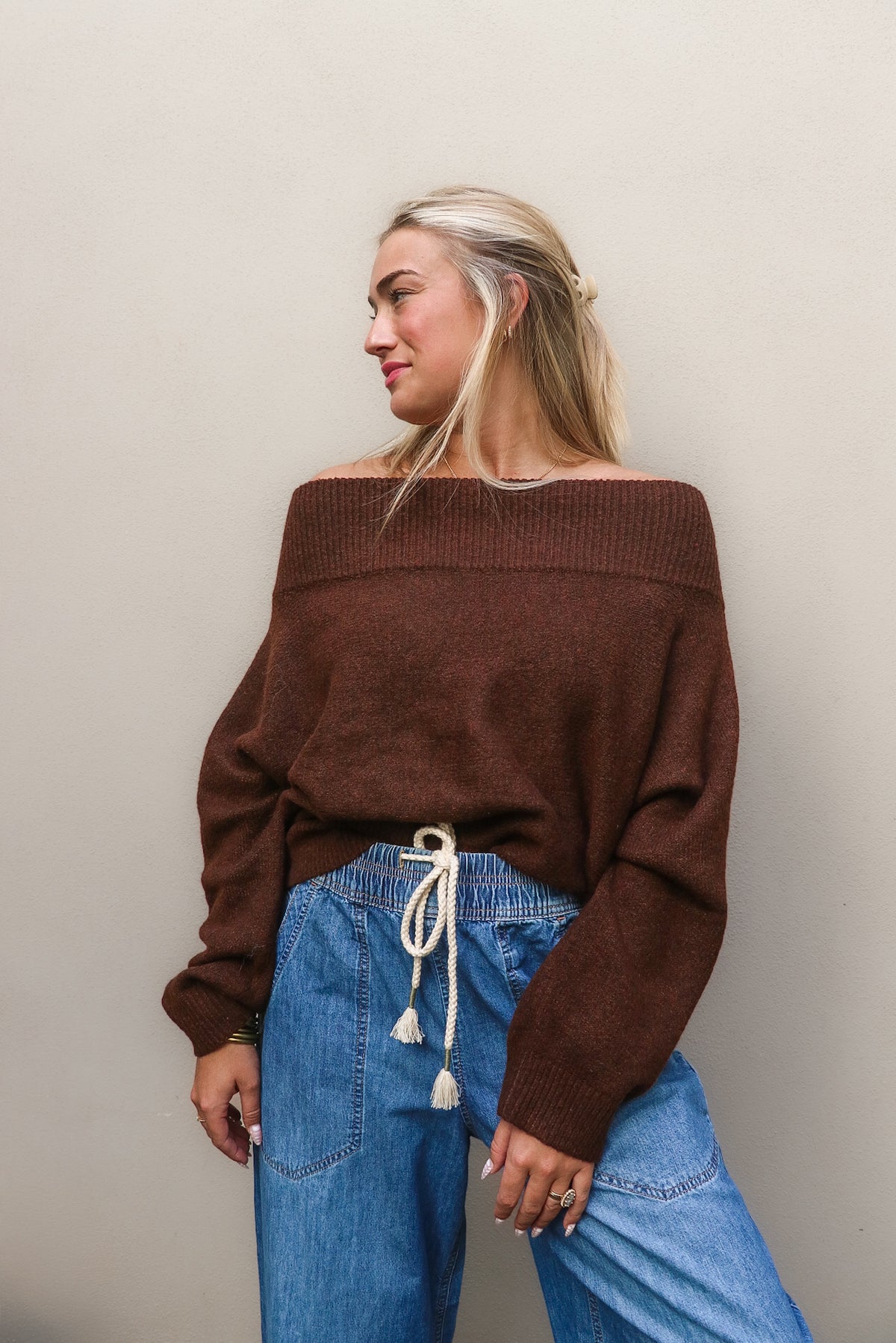 Brown Off The Shoulder Sweater