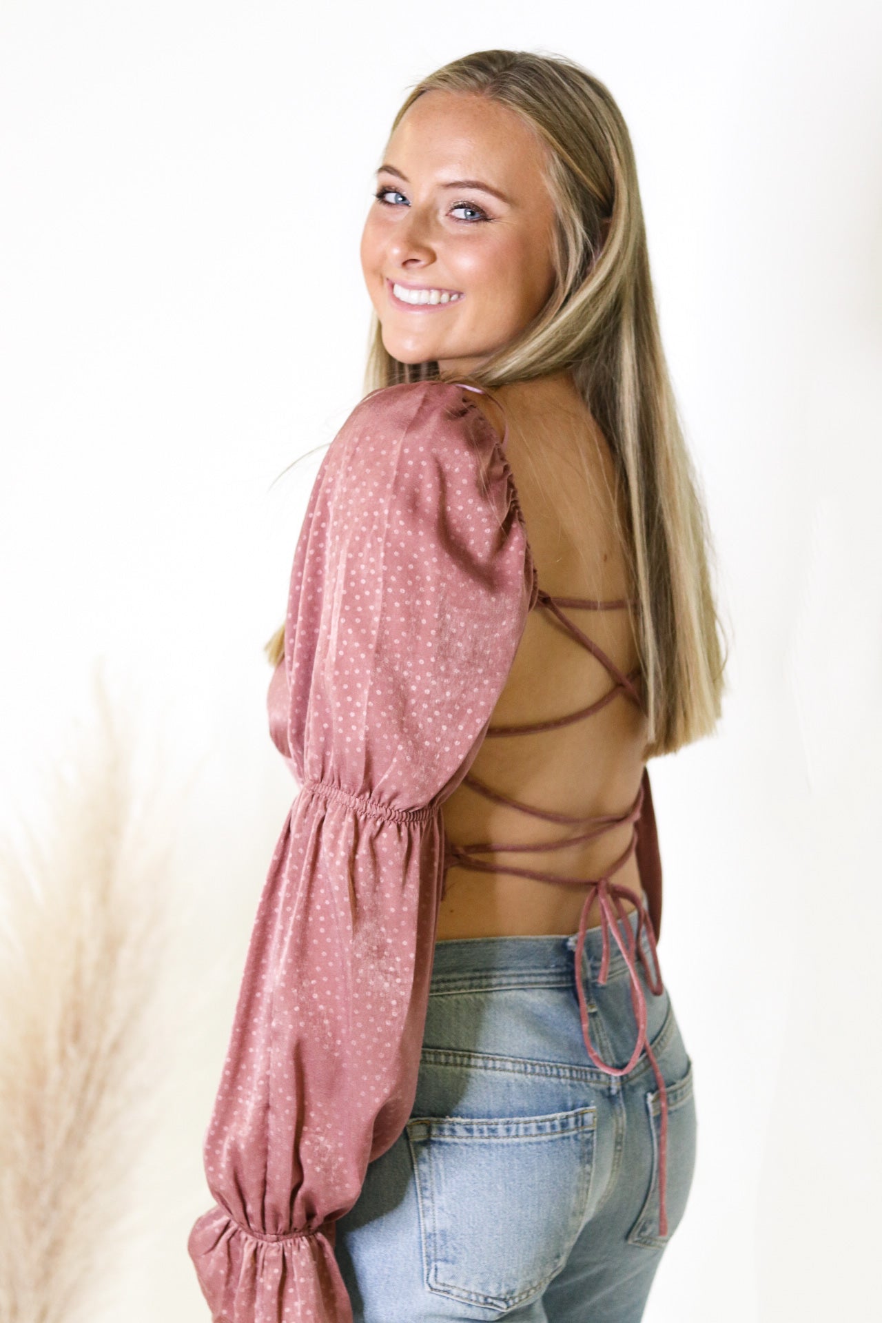 Mauve Polka Dot Balloon Sleeve Top