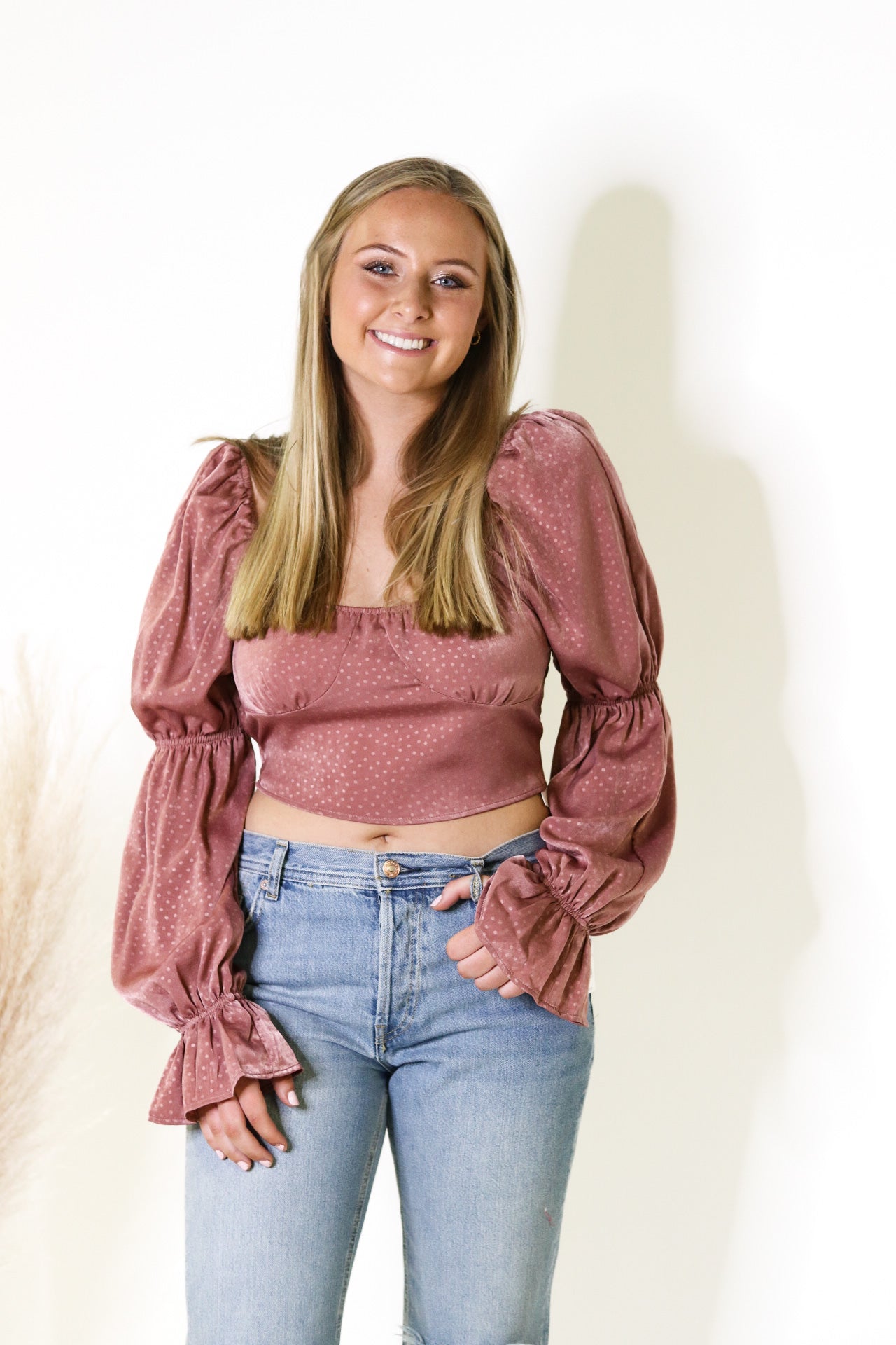 Mauve Polka Dot Balloon Sleeve Top