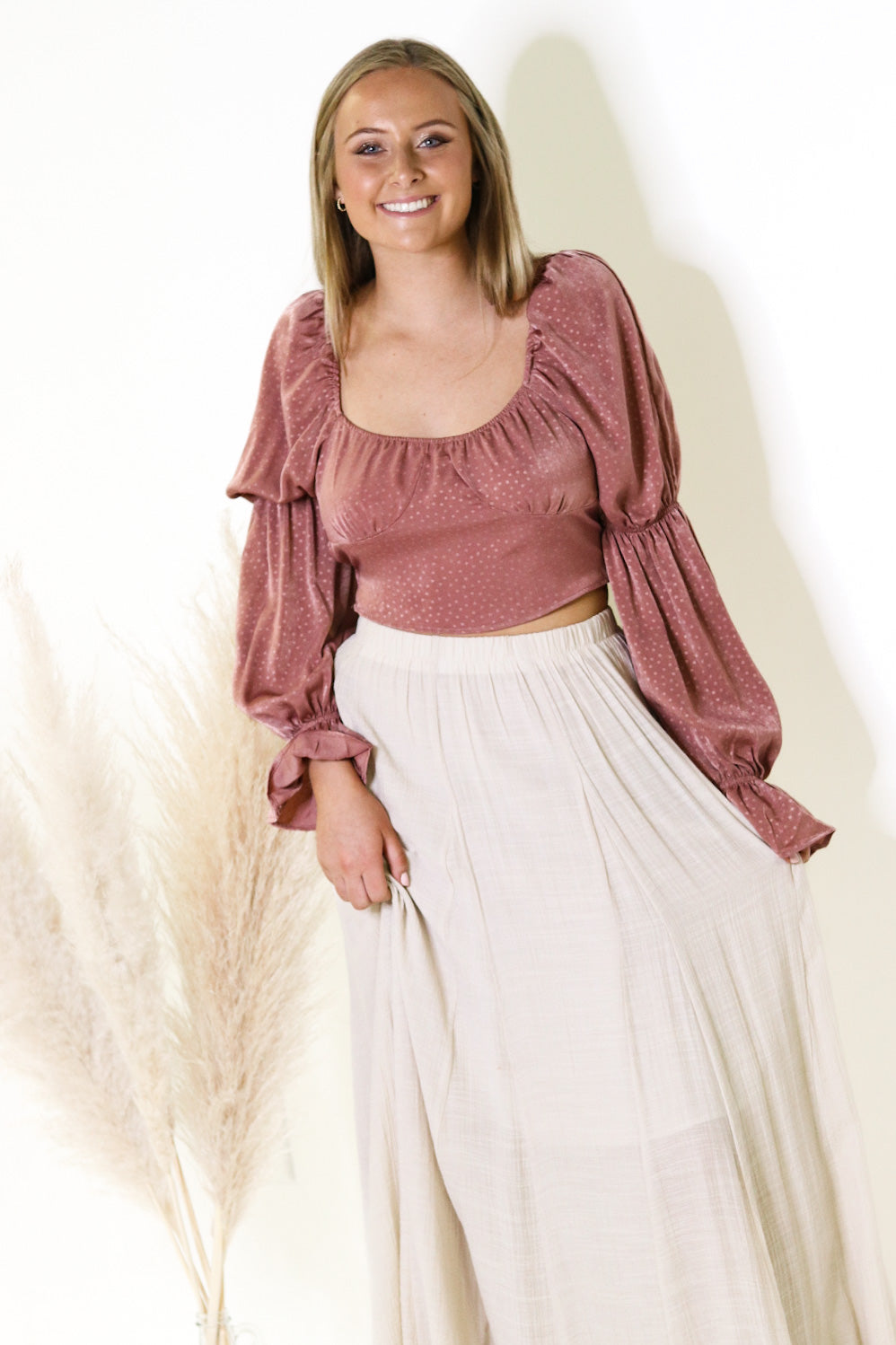 Mauve Polka Dot Balloon Sleeve Top