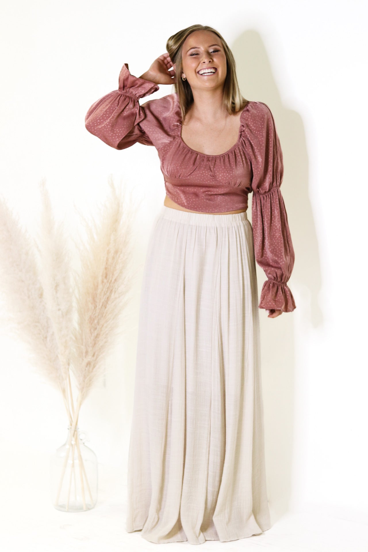 Mauve Polka Dot Balloon Sleeve Top