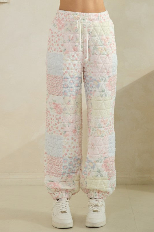 Quilted Floral Joggers in Pink