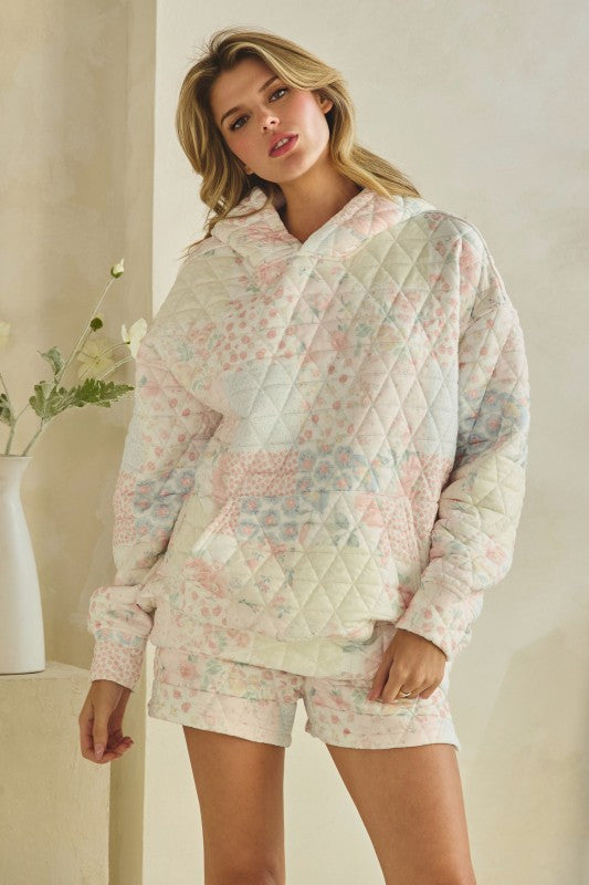 Quilted Floral Hoodie in Pastel Pink