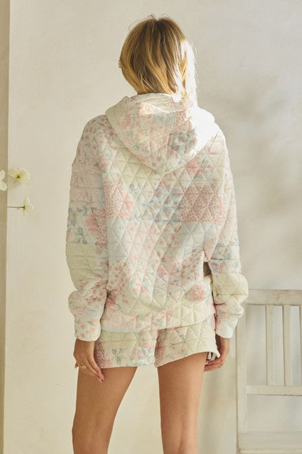 Quilted Floral Hoodie in Pastel Pink