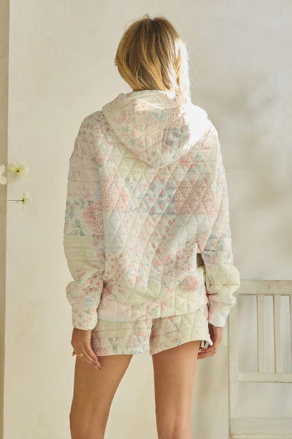 Quilted Floral Hoodie in Pastel Pink