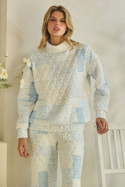Quilted Floral Mock Neck in Pastel Blue