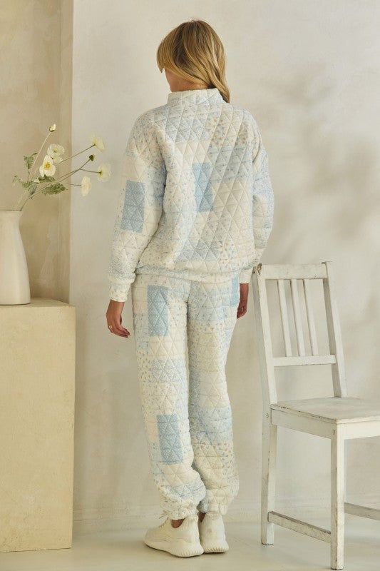 Quilted Floral Mock Neck in Pastel Blue