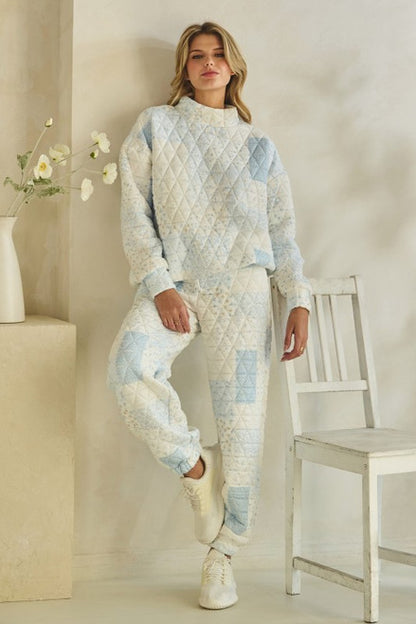 Quilted Floral Mock Neck in Pastel Blue