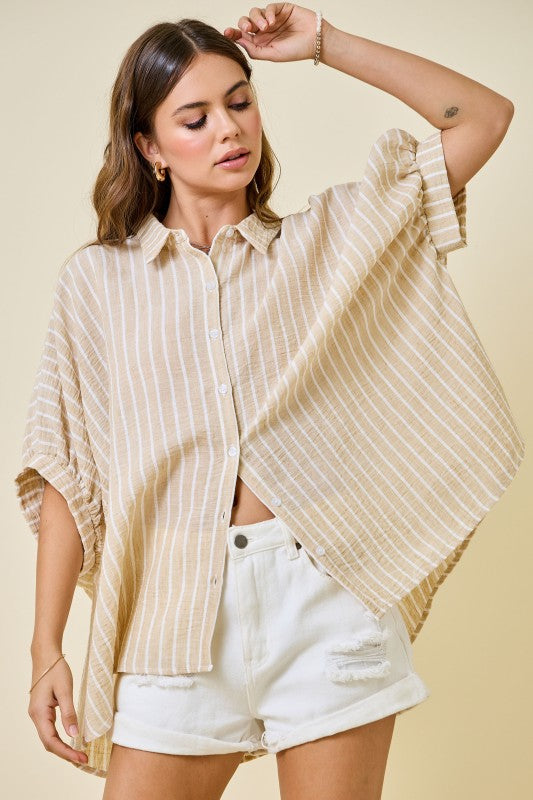 Beige Striped Oversized Button Down Top