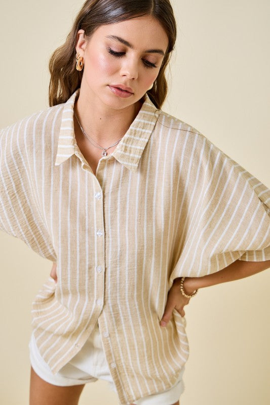 Beige Striped Oversized Button Down Top