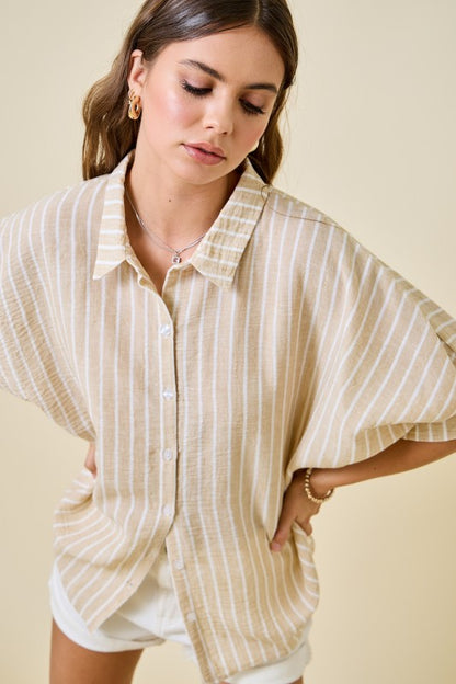 Beige Striped Oversized Button Down Top