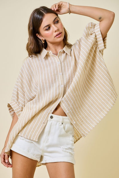 Beige Striped Oversized Button Down Top