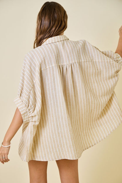 Beige Striped Oversized Button Down Top