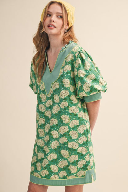 Kelly Green Hydrangea V-Neck Puff Sleeve Dress
