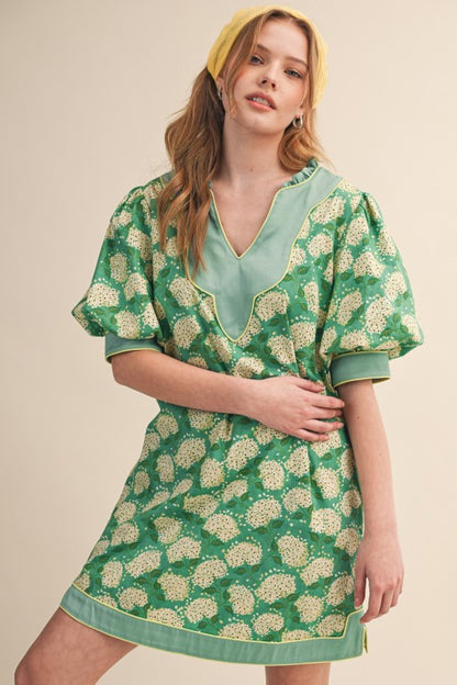 Kelly Green Hydrangea V-Neck Puff Sleeve Dress