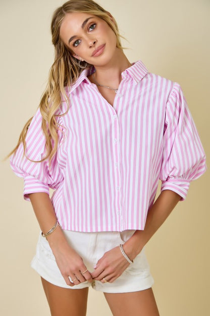 Pink Cropped Striped Button Down Top