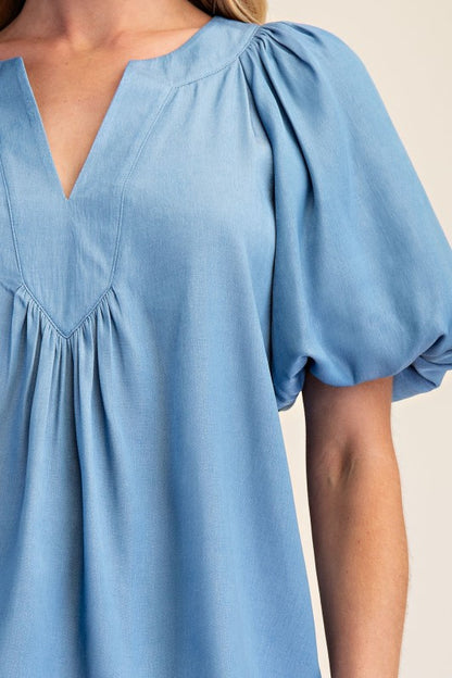 Chambray Balloon Sleeve V-Neck Top