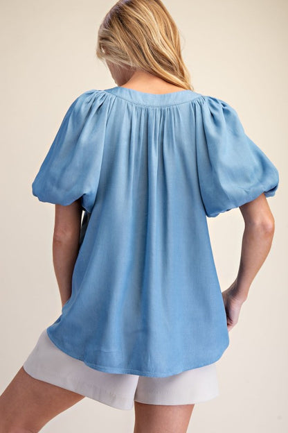 Chambray Balloon Sleeve V-Neck Top