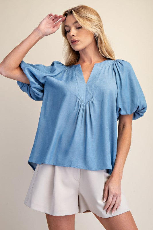 Chambray Balloon Sleeve V-Neck Top