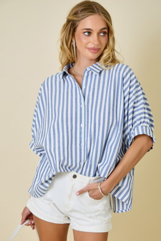 Light Blue Striped Oversized Button Down Top