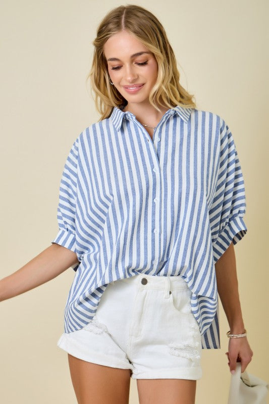 Light Blue Striped Oversized Button Down Top