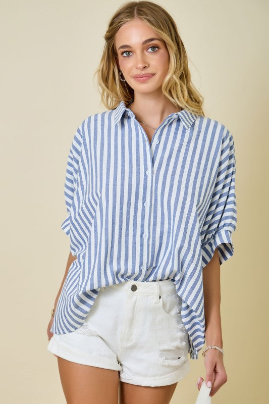 Light Blue Striped Oversized Button Down Top