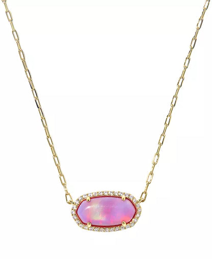 Kendra Scott Elisa Pave Frame Pendant Necklace in Gold Pink Opalescent Resin
