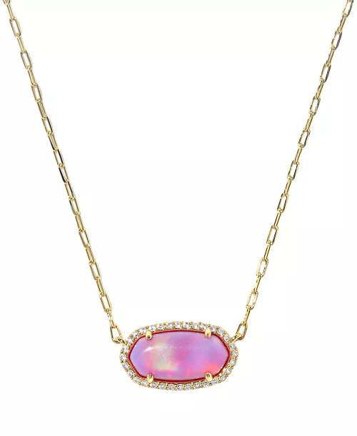 Kendra Scott Elisa Pave Frame Pendant Necklace in Gold Pink Opalescent Resin