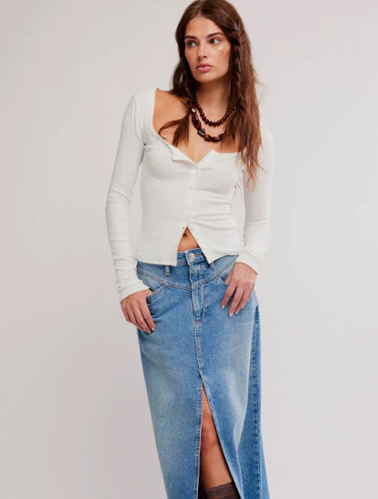 Free People End Game Pointelle Long Sleeve in Sugar Swizzle