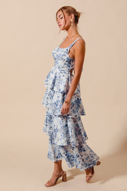 Blue Chinoiserie Ruffle Maxi Tied with a Bow