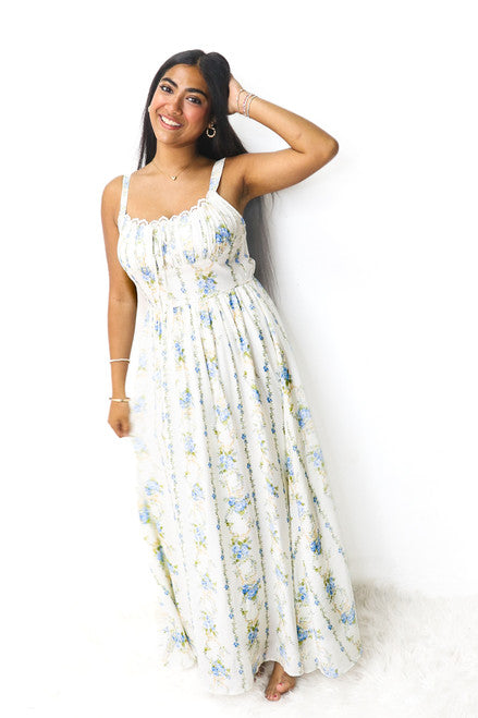 Blue and Earth Green Floral Peasant Maxi Dress