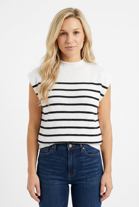 Black and White Striped Cap Sleeve Sweater