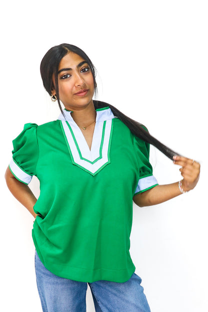 Puff Sleeve Spring Blouse in Kelly Green Sky Blue Combo