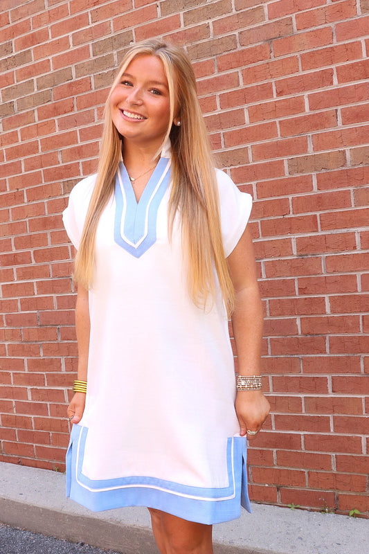 White Dress with Sky Blue Detail