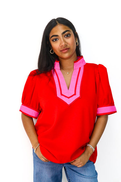 Puff Sleeve Spring Blouse in Red Pink Color