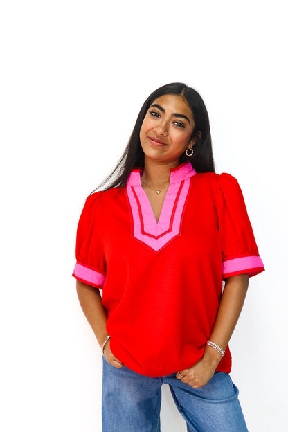 Puff Sleeve Spring Blouse in Red Pink Color