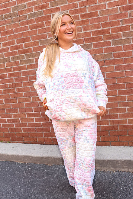 Quilted Floral Hoodie in Pastel Pink