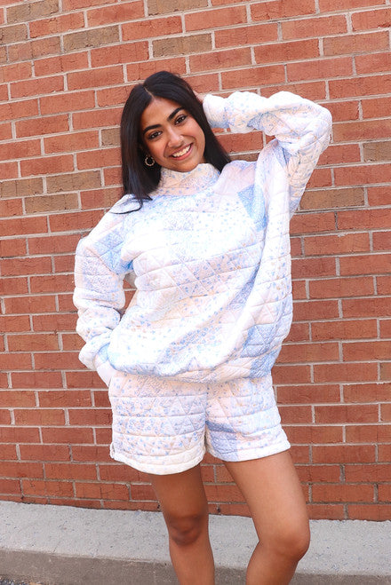 Quilted Floral Floral Shorts in Pastel Blue