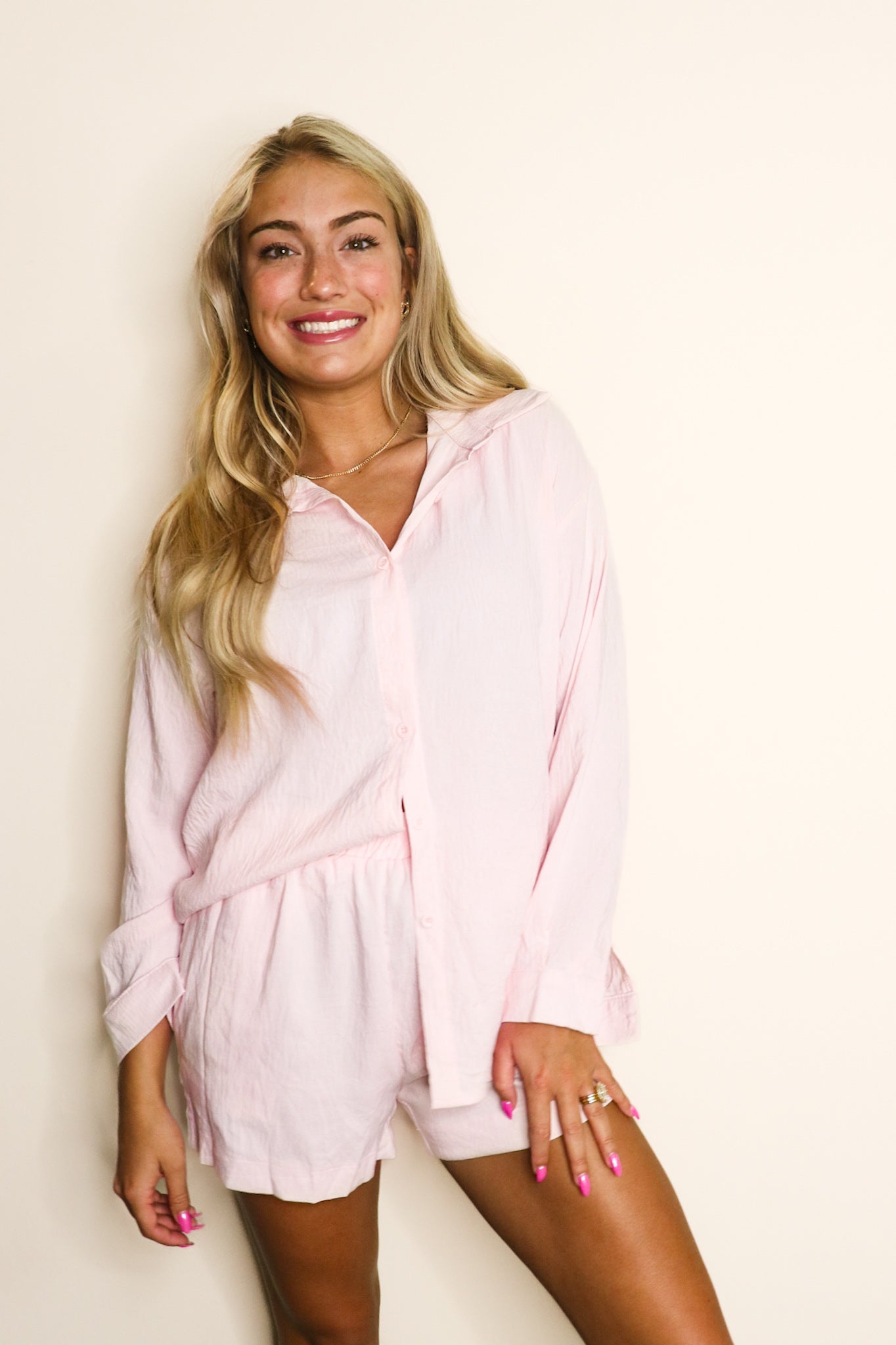 Classy Gal Collared Button Down Set in Baby Pink