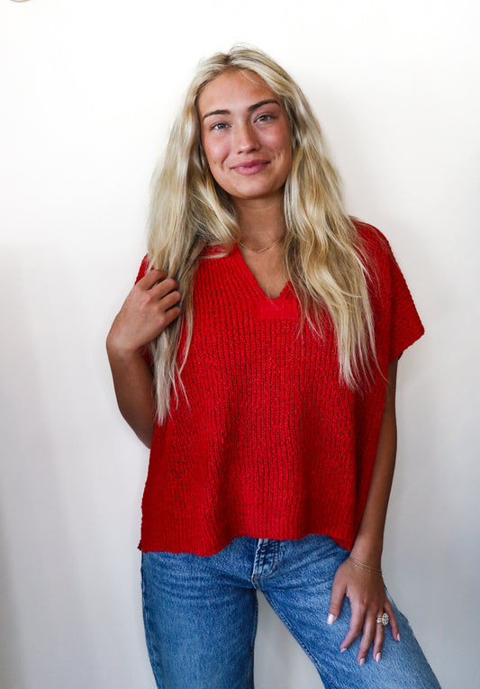 The Isabelle Cap Sleeve Summer Sweater in Red