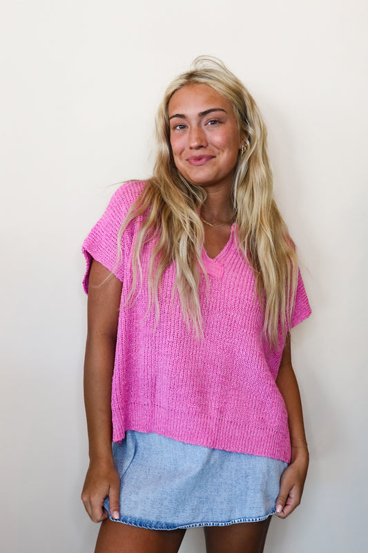 The Isabelle Cap Sleeve Summer Sweater in Hot Pink