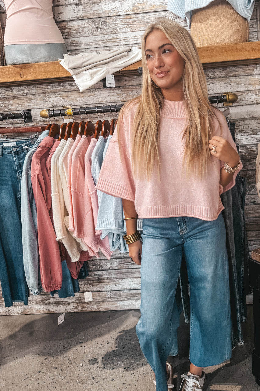 Knit Mock Neck Spring Sweater in Pink Blossom