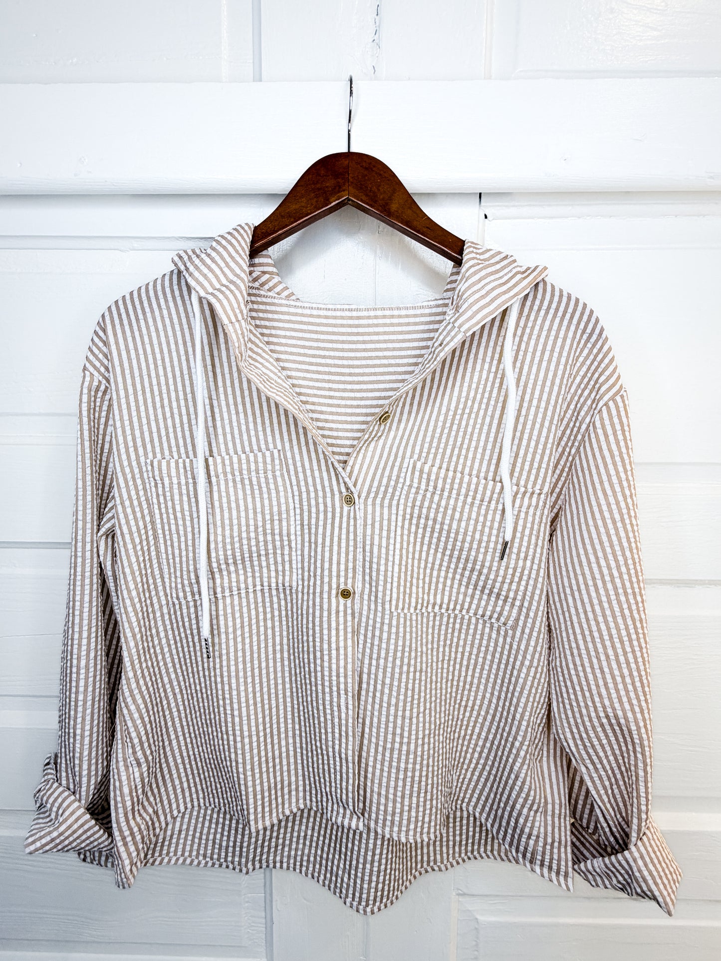 Beach Breeze Seersucker Button Down Hoodie Top