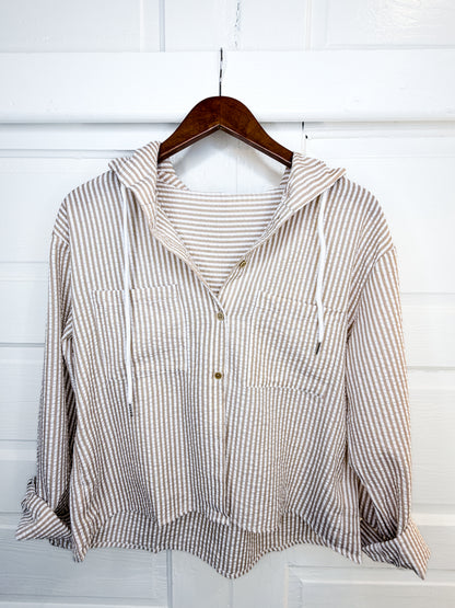 Beach Breeze Seersucker Button Down Hoodie Top